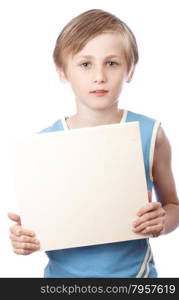 A blond boy holding a blank ad sign isolated on a white background