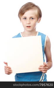 A blond boy holding a blank ad sign isolated on a white background