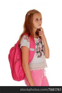A blond pretty girl standing with her pink backpack for school, looking upand thinking, isolated for white background.