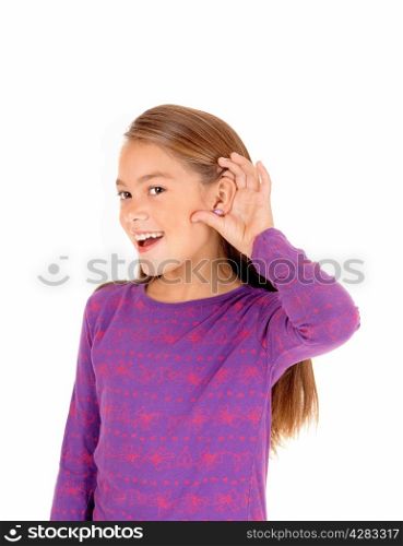 A blond pretty girl with her hand behind her ear standing for whitebackground, could not hear.