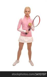A blond pretty teenager with a tennis racket and short light ping skirt,for white background.