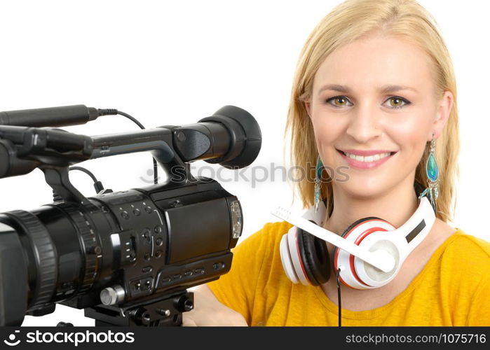 a blond young woman with professional video camcorder,isolated on white background