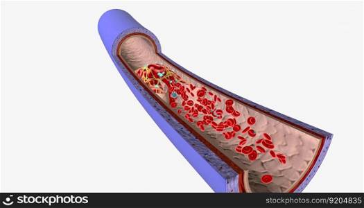 A blood clot in a vein, or venous thrombus, is the clumπng of blood in vessels that bring blood back to the heart. 3D rendering. A blood clot in a vein, or venous thrombus, is the clumπng of blood in vessels that bring blood back to the heart.