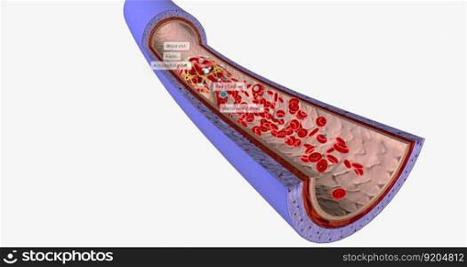 A blood clot in a vein, or venous thrombus, is the clumping of blood in vessels that bring blood back to the heart. 3D rendering. A blood clot in a vein, or venous thrombus, is the clumping of blood in vessels that bring blood back to the heart.