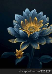 A blue background and a large image of a flower with a gold blossom in the centre. Generative AI.