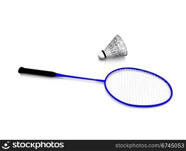A blue badminton racket and a shuttlecock on white background.. Badminton gear.