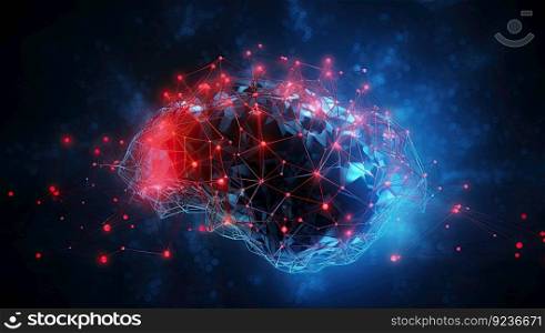 a blue brain surrounded by dots and connections, in the style of luminous atmosphere, light black and sky-blue by generative AI