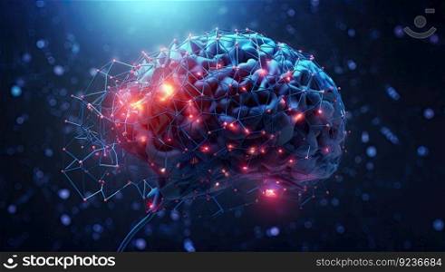 a blue brain surrounded by dots and connections, in the style of luminous atmosphere, light black and sky-blue by generative AI
