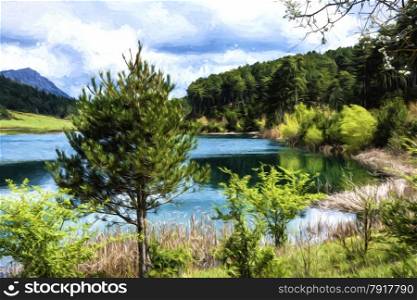 A blue lake under a cloudy sky - landscape. - Painting effect. Blue Lake in the mountains - Painting effect