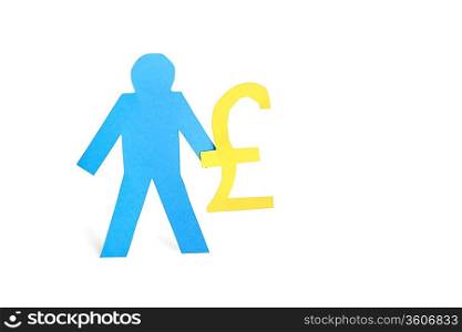 A blue stick figure holding pound sign over white background