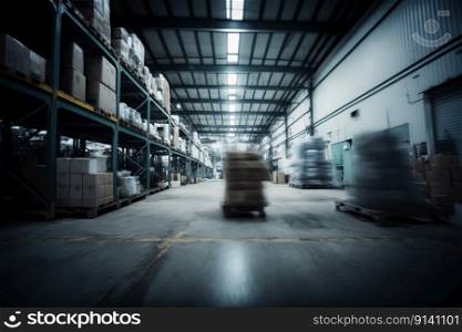A blur of speed and motion inside a bustling distribution warehouse, full of containers being shipped for freight transportation within the industry, created with generative AI