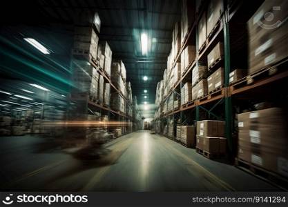 A blur of speed and motion inside a bustling distribution warehouse, full of containers being shipped for freight transportation within the industry, created with generative AI
