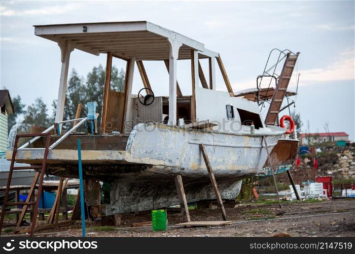 A boat landed for repair