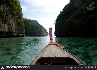 a Boat on the way to Maya Beach near the Ko Phi Phi Island outside of the City of Krabi on the Andaman Sea in the south of Thailand. . THAILAND