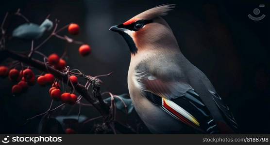 A Bohemian Waxwing bird stands on a tree branch. Generative AI.. A Bohemian Waxwing bird stands on a tree branch. Generative AI