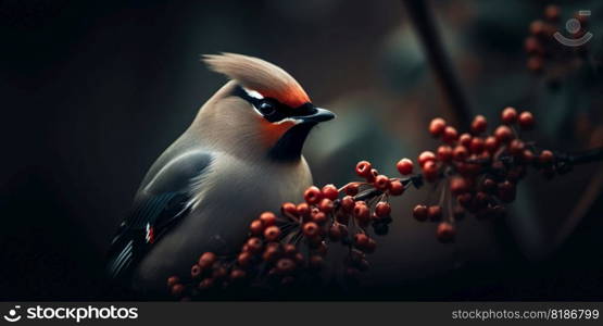 A Bohemian Waxwing bird stands on a tree branch. Generative AI.. A Bohemian Waxwing bird stands on a tree branch. Generative AI