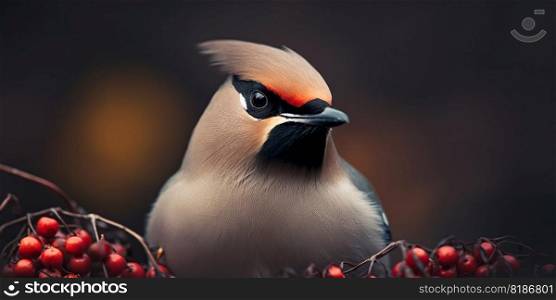 A Bohemian Waxwing bird stands on a tree branch. Generative AI.. A Bohemian Waxwing bird stands on a tree branch. Generative AI