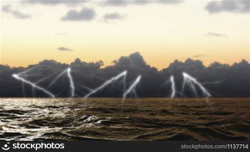A bolt of lightning strikes over the sea in storm in Atlantic Ocean