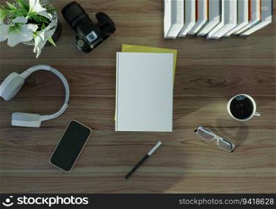 A book, coffee cup, eyeglasses and pen are placed on a wooden table.