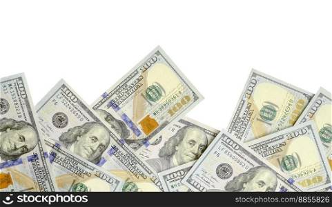 A border of American money isolated on white with copy space. Money Border of hundred dollar bills. Dollar bills. American money isolated on white with copy space