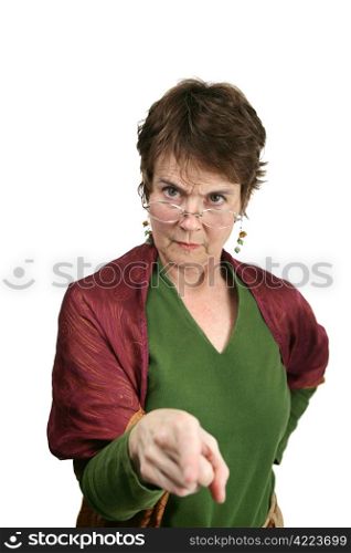 A bossy, angry looking middle aged woman pointing her finger at you. Isolated on white. Note to inspector: Velour texture of the shirt may resemble artifacting.