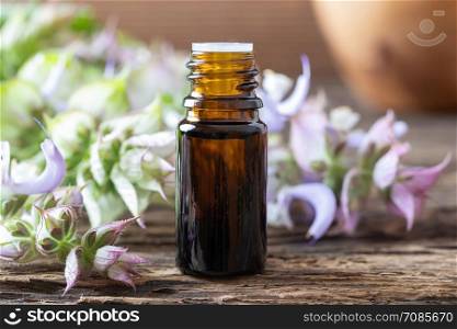 A bottle of essential oil with fresh blooming clary sage twigs