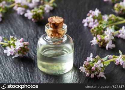 A bottle of essential oil with fresh blooming thyme