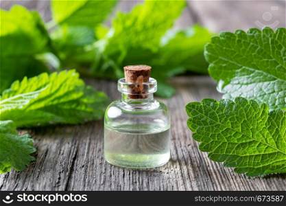 A bottle of essential oil with fresh melissa leaves on a table