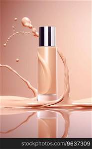 A bottle of liquid foundation and a ribbon of liquid cosmetics Ai generated