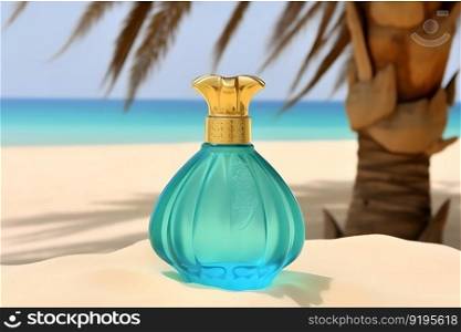 A bottle of perfume on the seashore is enveloped in a wave. Yellow sand on the beach, marine cosmetics and fragrance. Neural network AI generated art. A bottle of perfume on the seashore is enveloped in a wave. Yellow sand on the beach, marine cosmetics and fragrance. Neural network AI generated