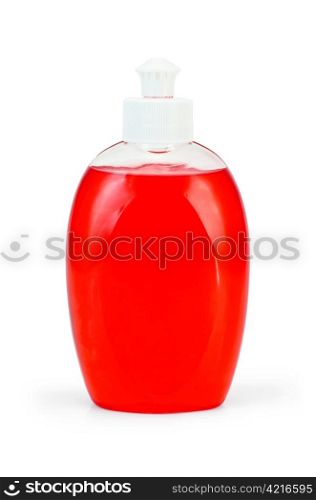 A bottle of red liquid soap isolated on white background