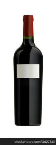 A bottle of red wine with a blank label, isolated on white