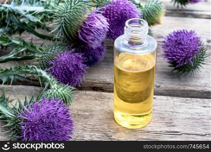 A bottle of tincture or potion's essential oil and flowers of thistle on a wooden background. Close-up. A bottle of tincture or potion's essential oil and flowers of thistle on a wooden background