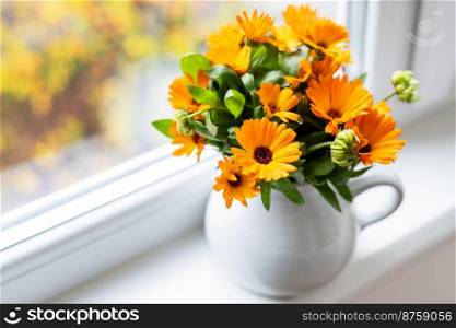 A bouquet of bright calendula in a milk vase stands on the windowsill, bright autumn with a window. A bouquet of bright calendula in a milk vase stands on the windowsill, bright autumn with a window.