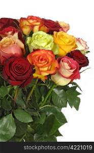 A bouquet of multi-coloured roses. Focus on middle roses.