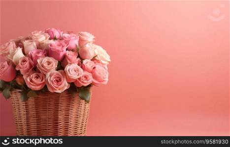 A bouquet of pink roses in a straw basket on a pastel background with empty copy space. Valentine’s Day concept. Side view. Created by generative AI tools. A bouquet of pink roses in a straw basket on a pastel background Created by AI