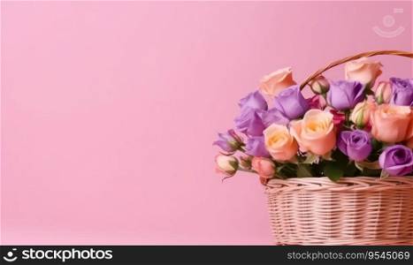 A bouquet of roses in a straw basket on a pink background with empty copy space. Valentine’s Day concept. Side view. Created by generative AI tools. A bouquet of roses in a straw basket on a pink background. Valentine’s Day concept. Created by AI