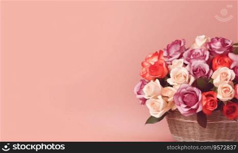 A bouquet of roses in a straw basket on a pink background with empty copy space. Valentine&rsquo;s Day concept. Side view. Created by generative AI tools. A bouquet of roses in a straw basket on a pink background. Valentine&rsquo;s Day concept. Created by AI