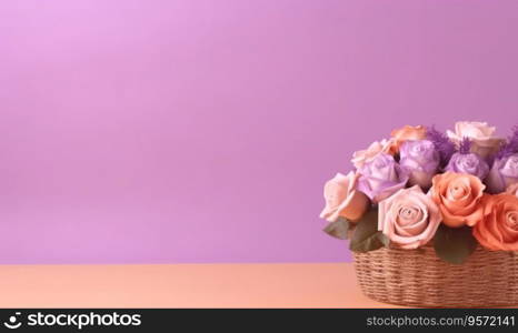 A bouquet of roses in a straw basket on a purple background with empty copy space. Valentine&rsquo;s Day concept. Side view. Created by generative AI tools. A bouquet of roses in a straw basket on a purple backgroundCreated by AI