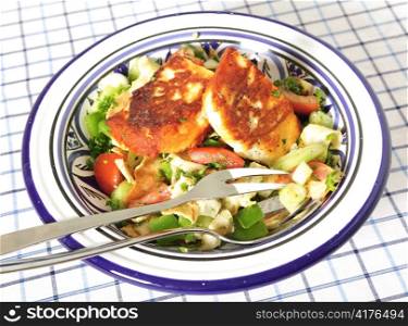 A bowl full of fattoush Middle Eastern salad topped with fried haloumi cheese. Fattoush is made with fried or toasted flat bread, chopped tomato, cucumbers, scallions and green peppers, mixed with mint, parsley, oregano, sumac, oilive oil, lemon juice and