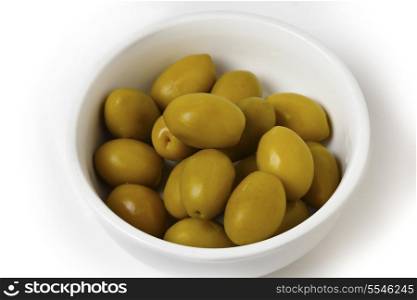 A bowl of whole green calamata olives from Greece