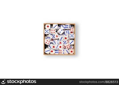A box full of dice isolated on a white background. Concept of choice and gambling.. A box full of dice isolated on a white background. Concept of choice and gambling