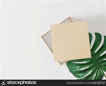 a box of note paper on a leaves on a white background, 3d style.