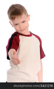 a boy holds out his hand to greet isolated on white background