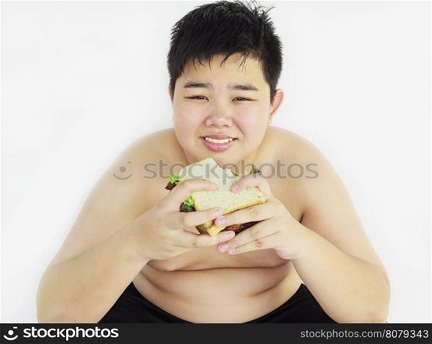 A boy is happily looking at sandwich. Photo is focused at sandwich.