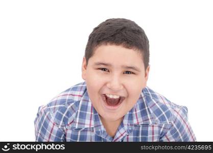 A boy screaming loud with mouth wide open