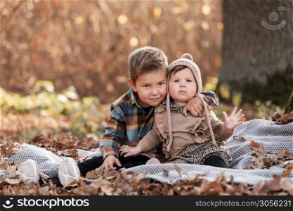 A boy with a girl are sitting on dry leaves in the woods on a autumn evening, brother and sister together in nature.. A boy with a girl are sitting on dry leaves in the woods on a autumn evening, brother and sister together in nature