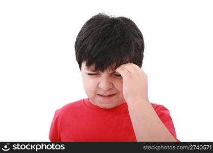 A boy with a headache; isolated on the white background