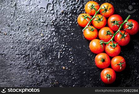 A branch of ripe tomatoes on a wet table. On a black background. High quality photo. A branch of ripe tomatoes on a wet table.