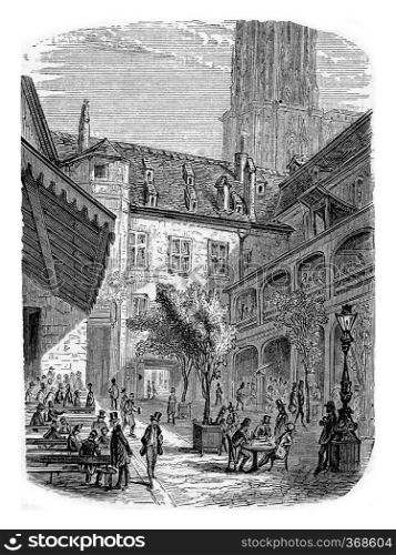 A Brasserie in Dauphine, Southeastern France. From Chemin des Ecoliers, vintage engraving, 1876. 